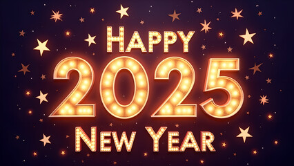 Happy New Year 2025 with glowing lights. Festive celebration concept.