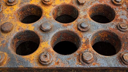 Rusty Metal Grid Texture with Circular Holes  Industrial Background