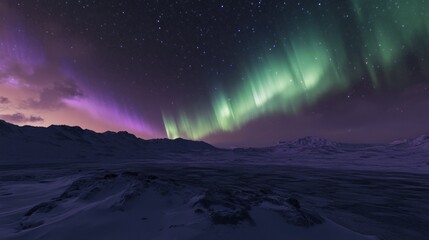 Aurora Dance, a stunning display of green and purple lights illuminating a snowy landscape at night, showcasing the enchanting beauty of the northern lights in a serene setting