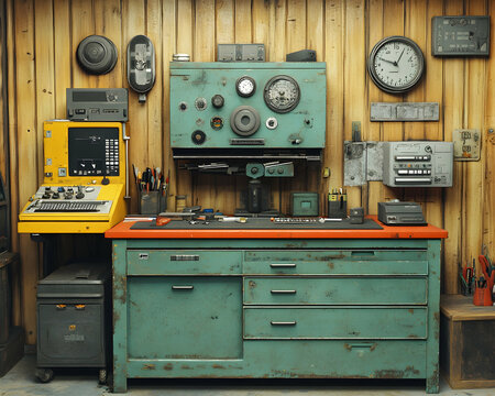 Vintage workshop with tools and equipment on a workbench.