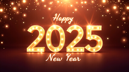 Happy New Year 2025 with golden lights. Festive celebration concept.