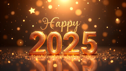 Happy New Year 2025 Gold Glitter. Concept of celebration, party, and holiday.