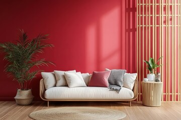 Modern Living Room with Red Accent Wall Cozy Sofa and Potted Plant Decor