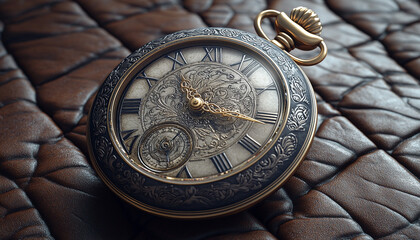 Naklejka premium A detailed 3D model of a vintage pocket watch with intricate engravings, placed on a textured leather surface