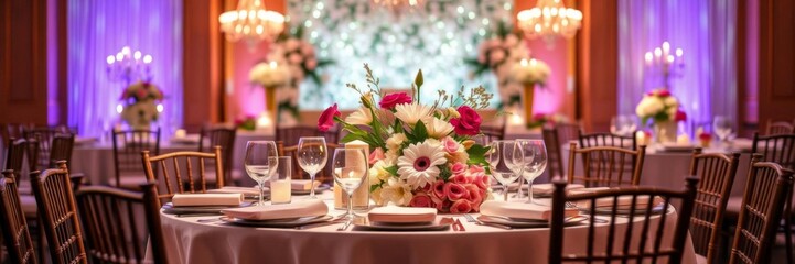 A lavish dining table set with anniversary candles and floral arrangements, creating a luxurious frame around free copy space in the center, anniversary candles, table settings