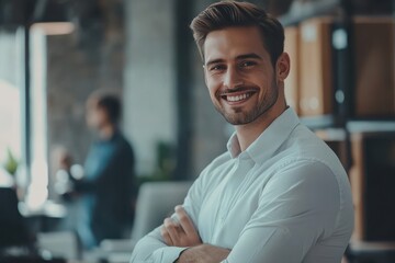 Fototapeta premium Group of business workers working together Young handsome businessman standing smiling happy looking at the camera at the office