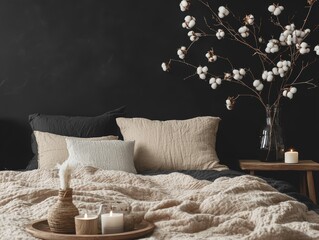 Cozy bedroom retreat with charcoal walls and elegant decor for relaxation