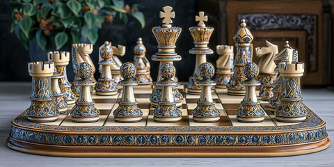 A realistic 3D model of a classic chessboard with intricately designed pieces, set up for a game