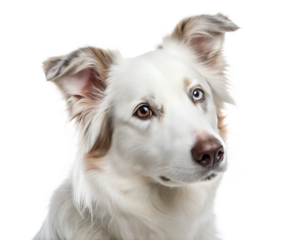 White Australian Shepherd portrait isolated on white background. White Australian Shepherd headshot on white background
