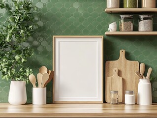 Minimalist Kitchen Scene with Green Hexagonal Tile Backsplash and Wooden Countertop Mockup