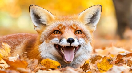 Fototapeta premium A smiling fox surrounded by autumn leaves, showcasing nature's beauty.