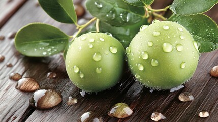 Obraz premium Fresh Green Olives with Dew Drops on Wooden Surface and Leaves