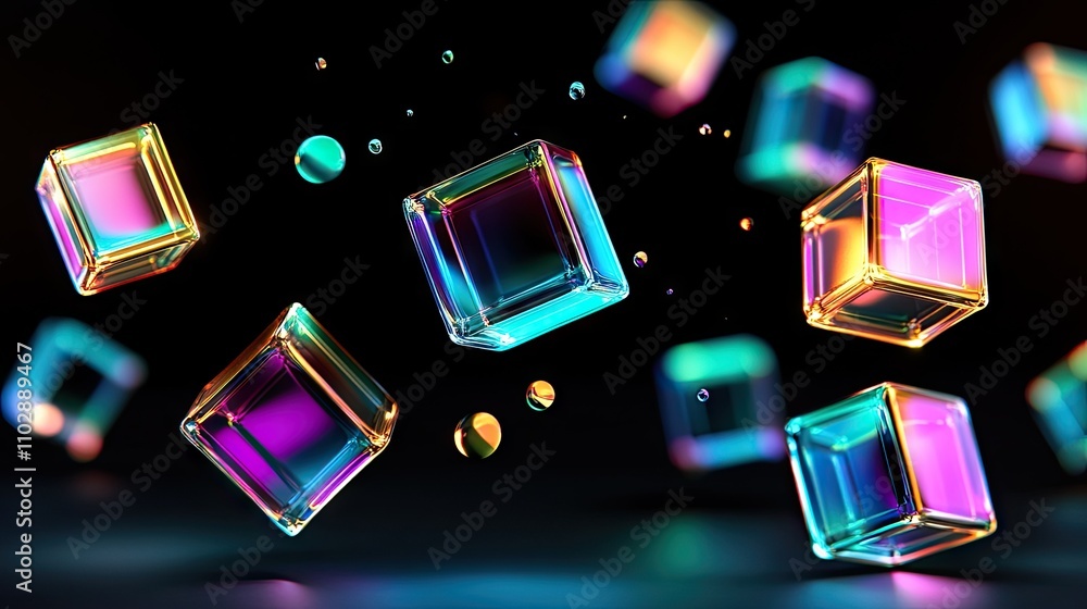 Poster colorful transparent cubes floating in a dark space with bubbles