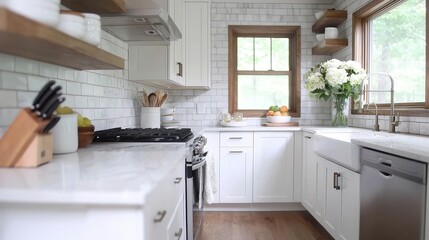 Modern White Kitchen Interior Design  Marble Countertops  Farmhouse Style
