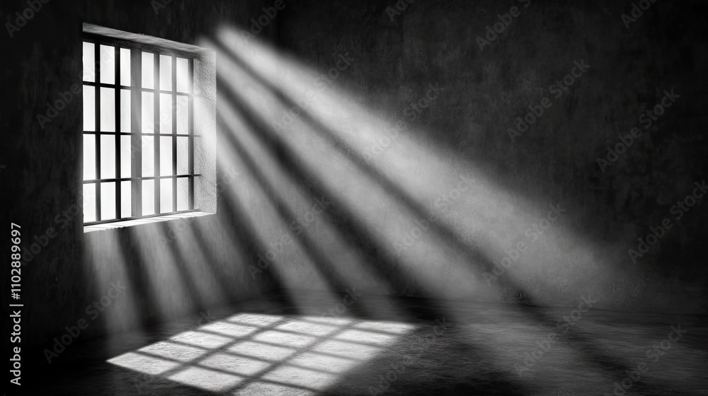 Poster light through bars in dark room with shadowy floor patterns