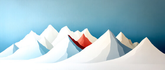 A minimalist depiction of snowy mountains, featuring sharp peaks and a single red accent, set against a gradient blue background.