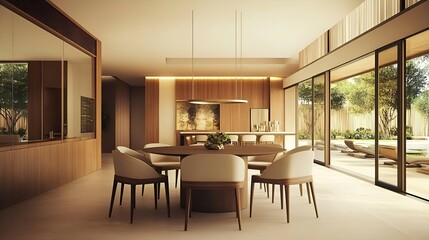 A spacious, contemporary dining room with warm, neutral tones