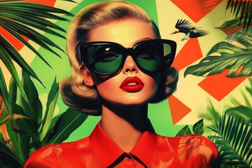Vintage Woman in Sunglasses with Red Lips Tropical Background Retro Style Fashion