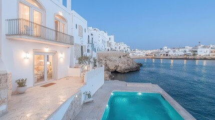 Fototapeta premium Luxury Oceanfront Villa Sunset Pool Coastal Town View
