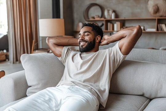 Handsome man relaxing on sofa at home enjoying leisure time smiling and resting in modern living room with cozy atmosphere