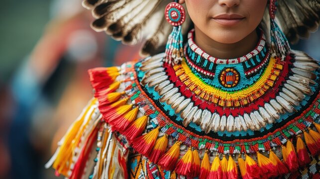Cultural heritage: vibrant traditional native american attire emphasizing handcrafted beadwork