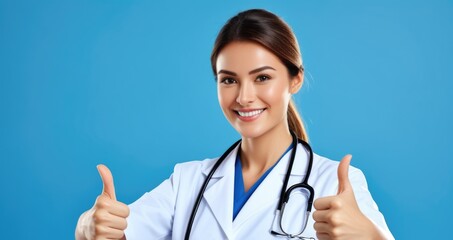 Confident female doctor giving thumbs up against blue background