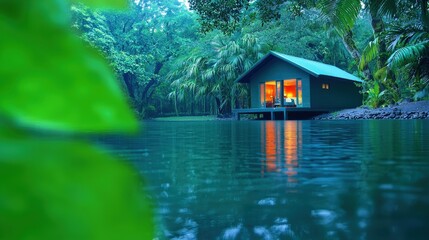 Obraz premium Serene Lakeside Cabin Retreat Tropical Getaway Lush Foliage Tranquil Pond