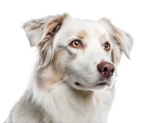 White Australian Shepherd portrait isolated on white background. White Australian Shepherd headshot on white background