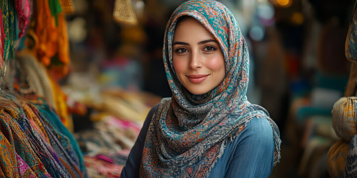 late 40's pretty middle eastern woman in hijab and abaya, weaves Middle Eastern Saudi threaded pattern onto denim jacket of mid 20's beautiful Asian woman, in middle eastern. - Powered by Adobe