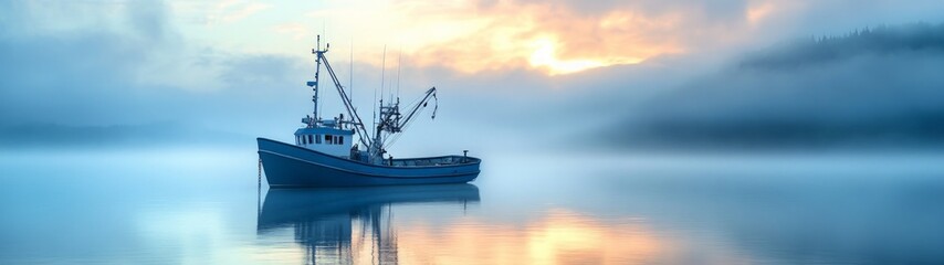 Fototapeta premium Serene Fishing Boat in Misty Harbor at Sunrise, a peaceful scene with soft hues reflecting on water, ideal for conveying tranquility and maritime beauty.