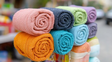 Colorful Rolled Fabric Stack  Textile Market Stall  Knitwear  Soft Textures