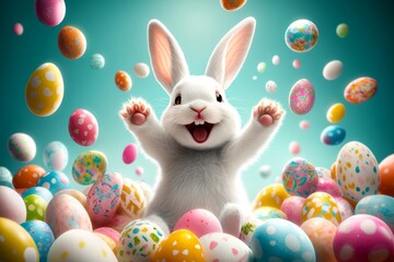 Cute Fluffy White Bunny Celebrating with Colorful Easter Eggs