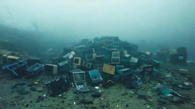 Eerie pile of abandoned vintage electronics in a foggy junkyard landscape