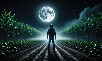 Fototapeta premium Lone figure in moonlit cornfield: mystical night scene with full moon
