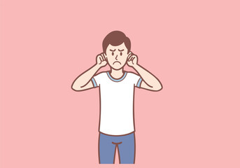 A young man is covering his ears due to loud noises. Hand drawn style vector design illustrations.