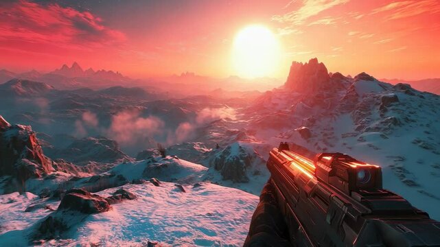 Futuristic landscape with vibrant sunset over snowy mountains and sci fi weapon