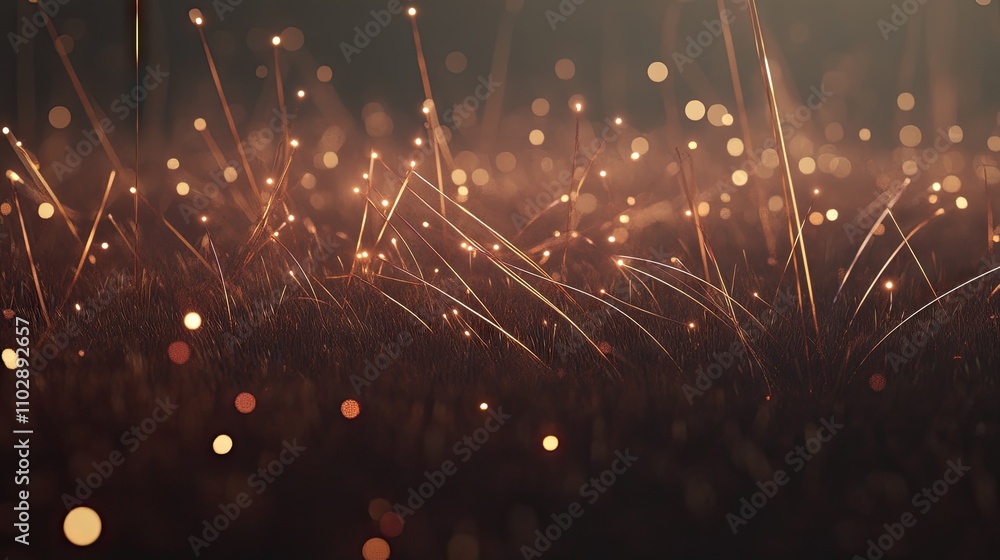 Poster glowing particles over field of grass in soft light environment