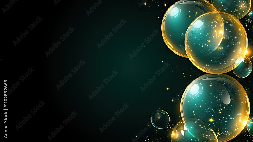 Poster glowing bubbles on a dark background with sparkling effects