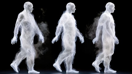 Dynamic Illustration of Human Movement with Ethereal Ghostly Figures Representing Walking Motion in a Dark Background