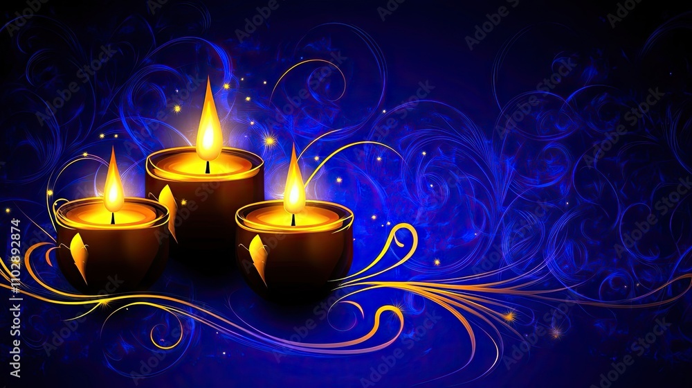 Poster beautiful display of three candles with soft glow on blue background