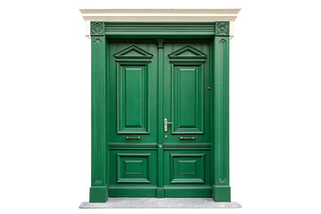 Classic green doors with geometric paneling, subtle carvings, and a white cornice, complemented by refined brass handles and sturdy symmetrical framing, isolated on a transparent background