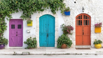 Colorful Doors  Mediterranean House  Vibrant Facade  Flower Pots  White Wall   Summer  Ita