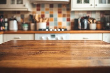 Cozy Kitchen Interior with Wooden Table and Colorful Tiles