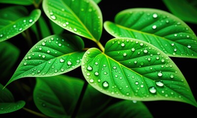Vibrant green leaves with dew drops: nature's fresh morning beauty