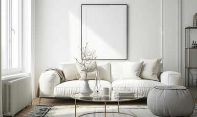 The living room interior is adorned with various elements such as a mock up poster frame, a white sofa, a modern pouf, a glass coffee table, a vase with a branch, a stylish rack, and silver personal