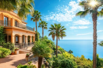 Fototapeta premium Luxury villa with palm trees and sea view sunny