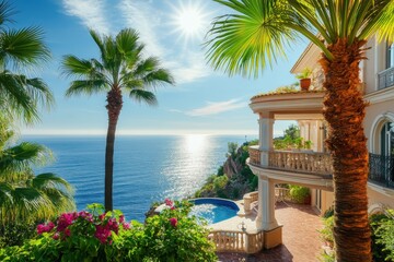 Fototapeta premium Luxury villa with palm trees and sea view sunny