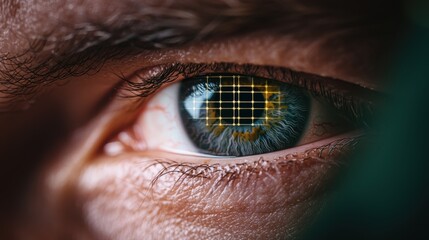 Naklejka premium High Detail Close up of Human Eye with Digital Grid Overlay Biometric Technology Securi