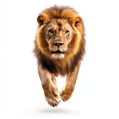 Fototapeta premium Majestic african lion running towards camera isolated on white background