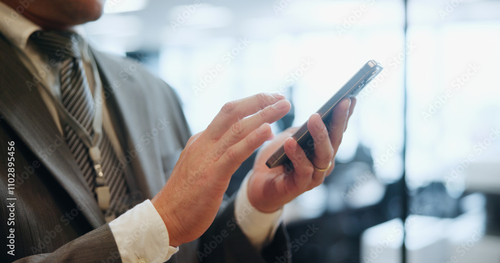 Poster business, hands and man with typing, cellphone and digital app with social media, network and japan.
